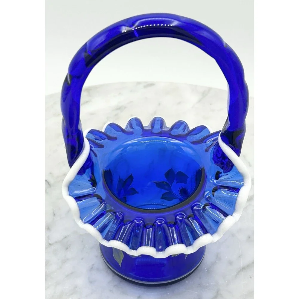 Fenton Hand Painted Cobalt Blue Basket Hand Painted Special Collection